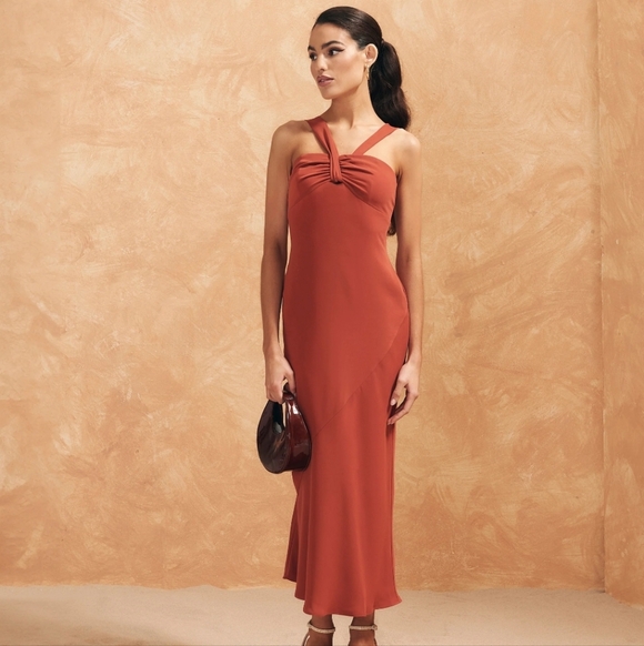 BCBGMaxAzria Dresses & Skirts - BCBGMaxAzria Halter Maxi Satin Dress Brick Red Size XS